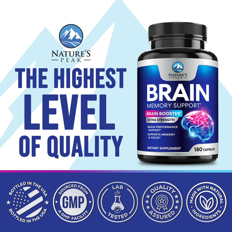 Brain Memory Supplement Pills - 3X Strength Nootropics for Concentration, Clarity & Focus Support - Brain Health Cognitive Vitamins B6 B12 with Folate & Phosphatidylserine, Brain Booster, 180 Capsules 180 Count (Pack of 1)