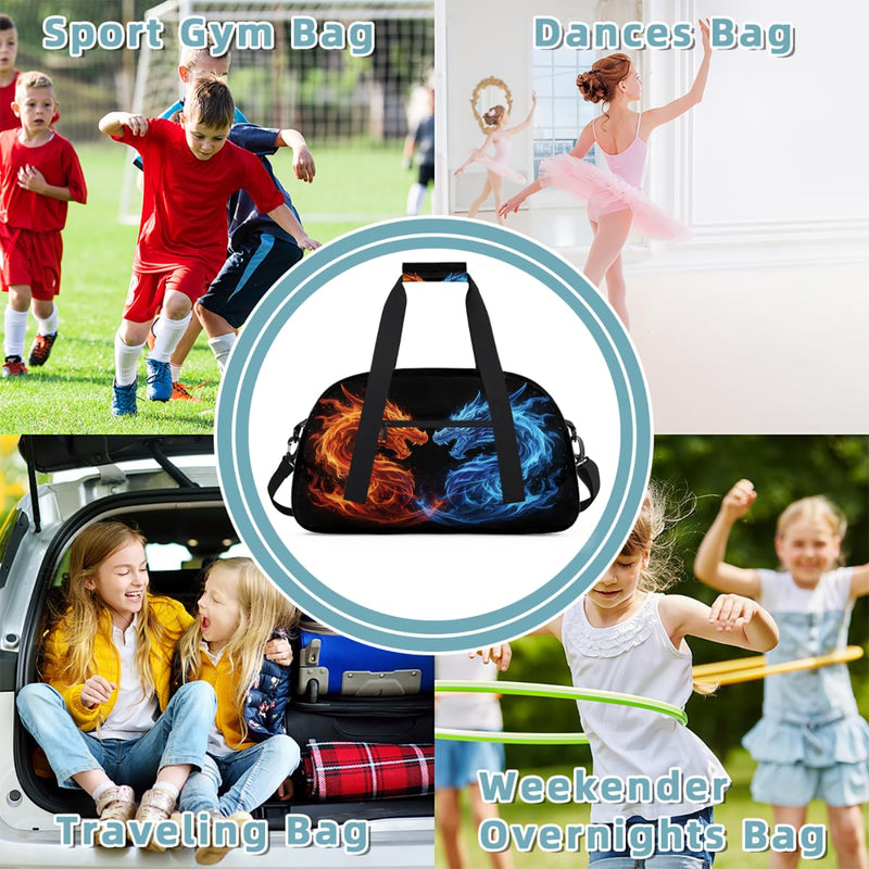 Gym Travel Duffle Bag for Boys - Ice Fire Dragon Kids Overnighter Weekend Bag with Front Zipper Pocket for School Practice, Teens Carry-On Size Sleepover Bags