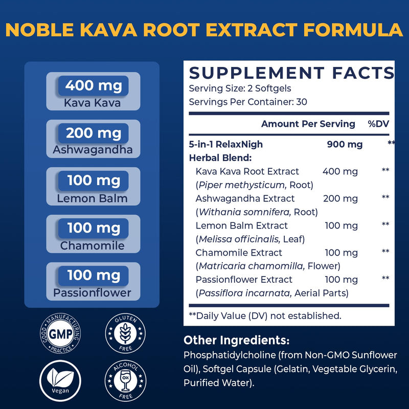 [Australia] - Kava Kava Capsules Root Extract Supplement Liposomal 55% Kavalactones with Ashwagandha Chamomile Lemon Balm Passionflower for Relax & Good Sleep (60 Softgels) 60 Count (Pack of 1) 
