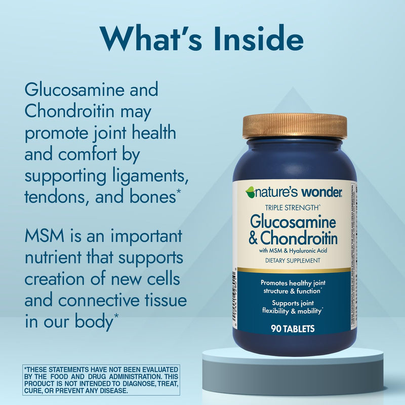 [Australia] - Nature's Wonder Triple Strength Glucosamine Chondroitin with MSM and Hyaluronic Acid and Boswellia for Joint Health, Supports Joint Flexibility and Mobility, 45 Day Supply, 90 Tablets 90 Count (Pack of 1) 