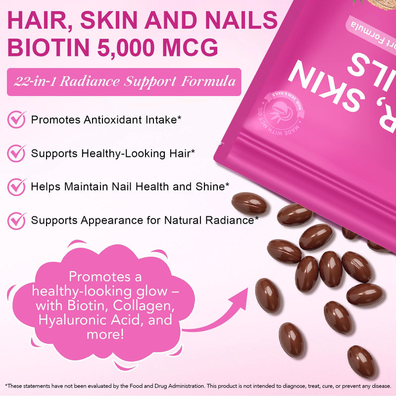 Biotin Hair Growth Supplement, Hair, Skin and Nails Vitamins Softgels, 22 in 1 5000 mcg Biotin, Collagen, Hyaluronic Acid, Keratin, Argan Oil, Vitamins A, C, E, & Complete B Vitamins- 400 Softgels