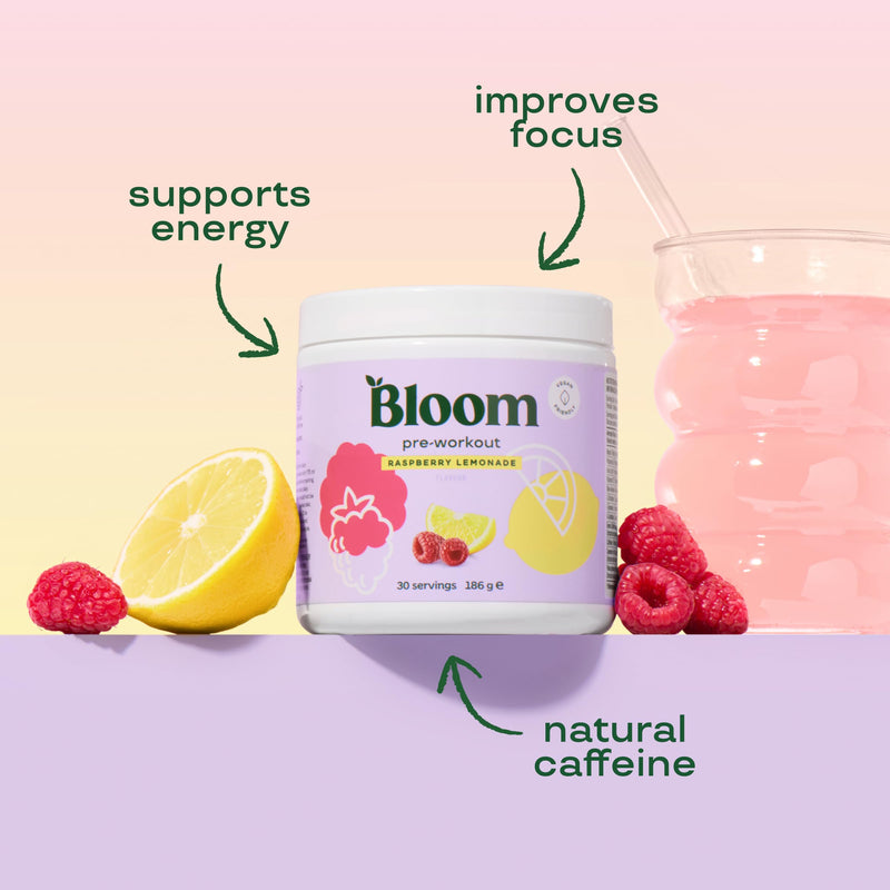 Bloom Nutrition Pre-Workout Drink Mix with Beta Alanine, Ginseng & L-Tyrosine, Green Tea Extract Caffeine, Amino Acid Blend, Sugar-Free Powder, Raspberry Lemonade