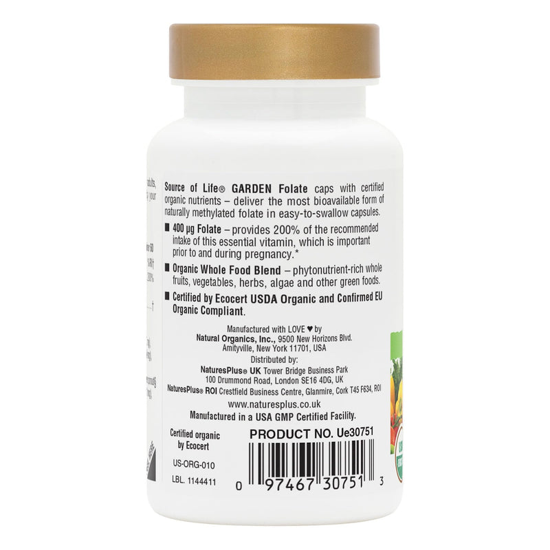 Source of Life Garden Organic Folate Capsules - 400 mcg Methylfolate and Other Plant Based Folates Extracted from Lemon Peel - Vegan, Gluten Free - 60 Capsules 60 count (Pack of 1)