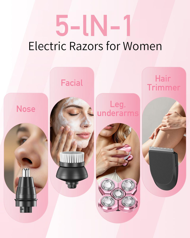 [Australia] - Electric Razors for Women, 5-in-1 Multi-Function Womens Razor with LED Display, Rechargeable Waterproof Electric Shaver, Ideal Travel Trimmer Body Hair Remover for Legs, Face, Armpits &Bikini Area 