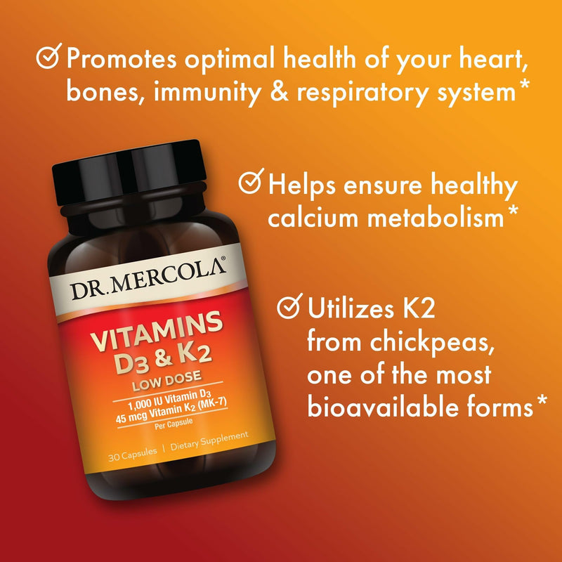 Dr. Mercola Vitamins D3 & K2 Low Dose, 30 Capsules (30 Servings) | Maintain Vitamin D Levels, Supports Immune and Bone Health, MenaQ7 Chickpea-Sourced K2, Non-GMO, Gluten-Free, and Soy-Free 30 Count (Pack of 1)