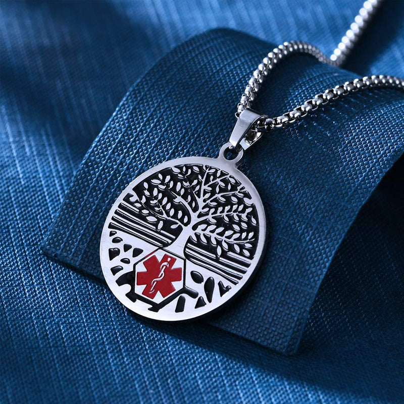 [Australia] - Stainless steel tree of life medical alert ID emergency first aid necklace BLOOD THINNER 