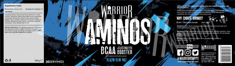 Warrior Aminos + Electrolyte Powder 360g - Amino Acid (BCAA) Hydration Formula for Performance & Recovery - Supplement for Intra or Post Workout - 30 Servings (Blazin Blue Raz) Blue Raspberry