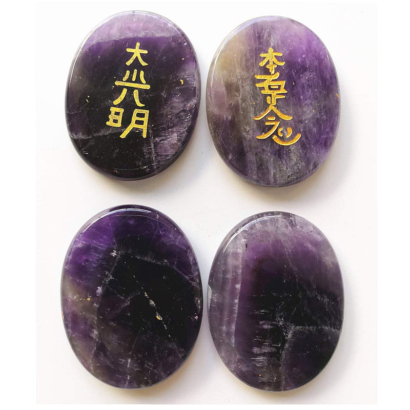 4 Pcs Amethyst Engraved Chakra Stones Healing Crystal Reiki Balancing Palm Stone, 45mm
