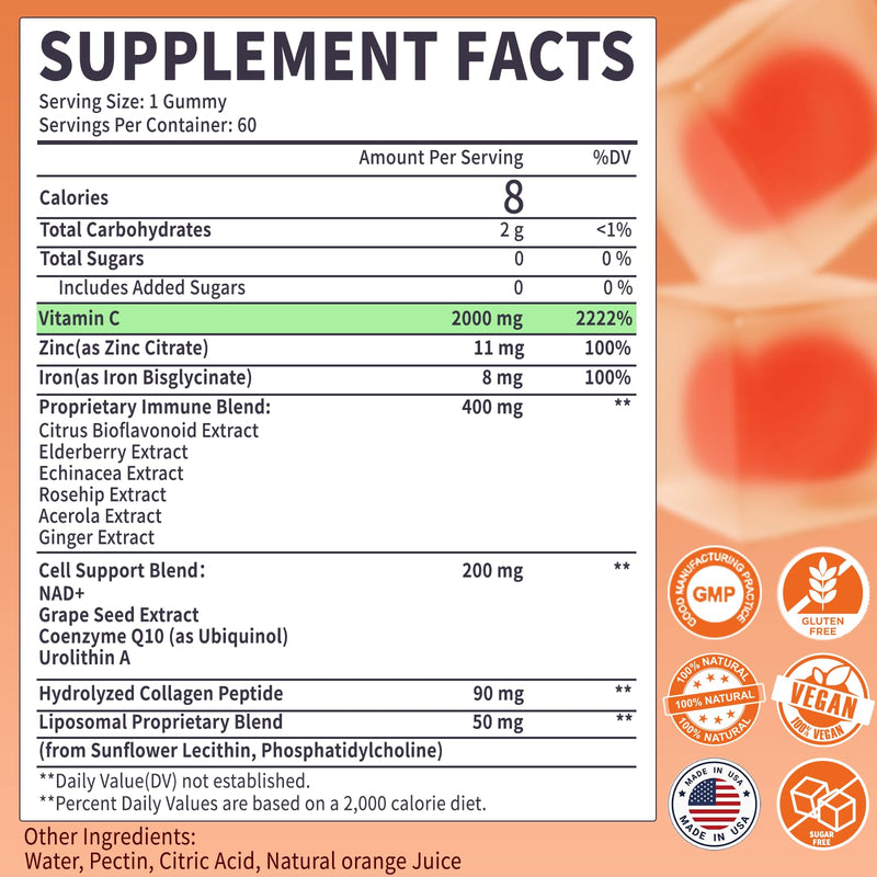 2000mg Liposomal Vitamin C Gummies for Adults, Sugar Free Vitamin C Gummy | Vit C Gummies with Elderberry, Zinc, NAD, for Immune Support Supplement, 60 Counts, Orange Flavor 60 Count (Pack of 1)