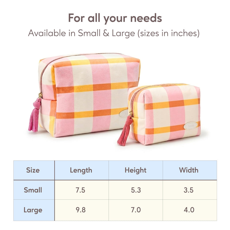 Velvet Makeup Bag with 2 Inner Pockets, Zipper Cosmetic Pouch and Travel Organizer for Makeup, Toiletries, Accessories, and Jewelry - Pink Checkered Pink Picnic Large Pouch