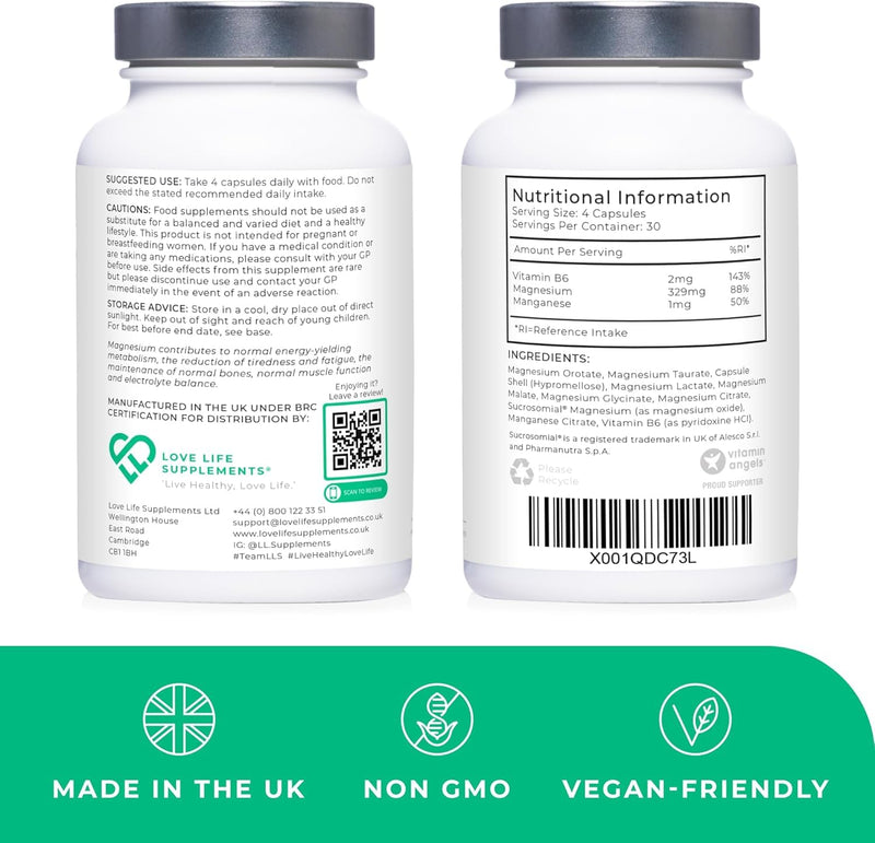 Magnesium Seven | 7 Forms of Magnesium in One - Glycinate, Orotate, Taurate, Lactate, Malate, Citrate, Sucrosomial | 120 Capsules 30 Day Supply | Manganese and Vitamin B6 for Absorption