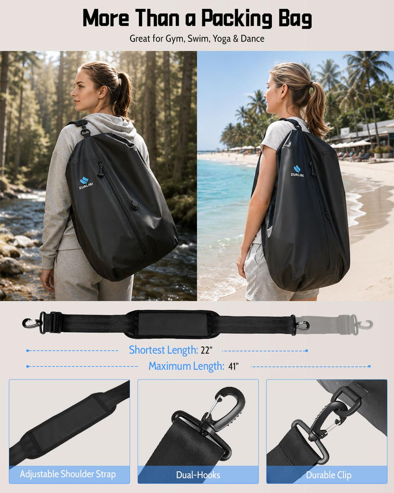 Zurligi Travel Vacuum Bag with Pump, Airtight Zipper and Shoulder Strap | Waterproof Anti-Rip Durable Nylon-TPU Bag with Airtight Heavy-Duty Zipper for Travel, Moving, Gym, Beach, and Home Storage 1-Pack, Black