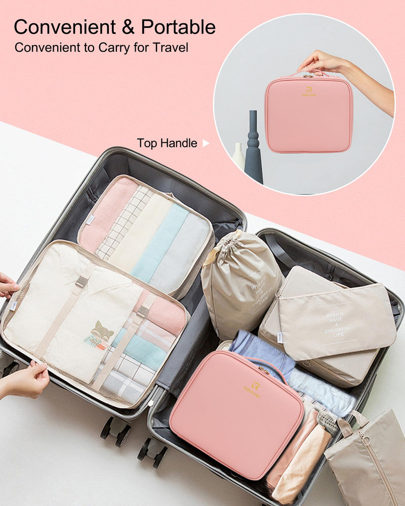 Chomeiu Makeup Bag with LED Mirror, 2 Layer Travel Makeup Case for Women | USB-C Detachable Mirror, Adjustable Dividers, Removable Brush Holder, High Quality PU Leather, Easy-to-clean, Double Zipper A-Small 05-Pink 2 Layer