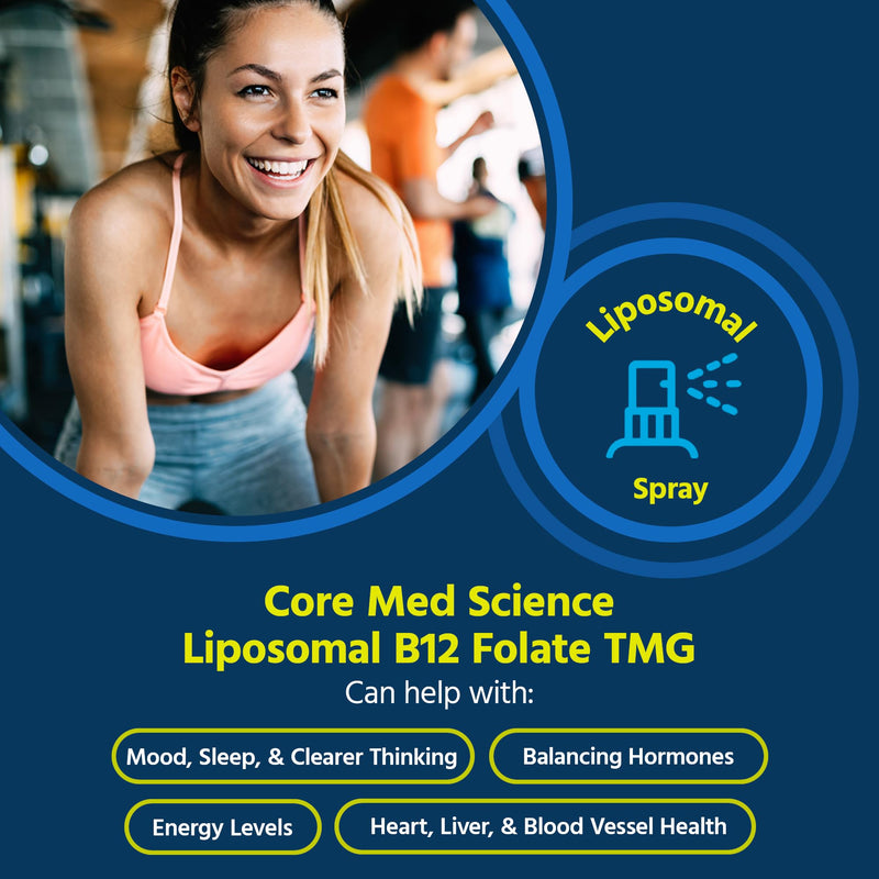 Core Med Science Liposomal B12 Folate TMG Liquid Spray Supplement | Supports Mood, Cognitive, & Heart Health - Vitamin B9 & Betaine for Homocysteine Levels & Methylation Cycle, 1 Fl Oz 1 Fl Oz (Pack of 1)