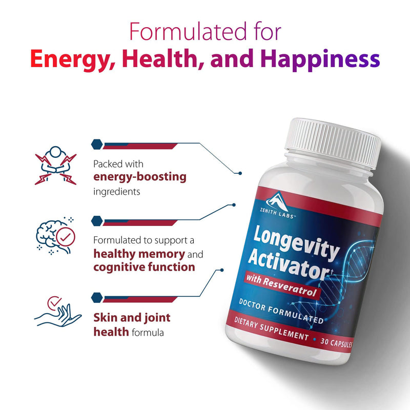 Longevity Activator Anti-Aging Supplement Dietary Supplement, Natural Antioxidants with Resveratrol - Supports Immune Function and Healthy Memory 30 Count (Pack of 1)