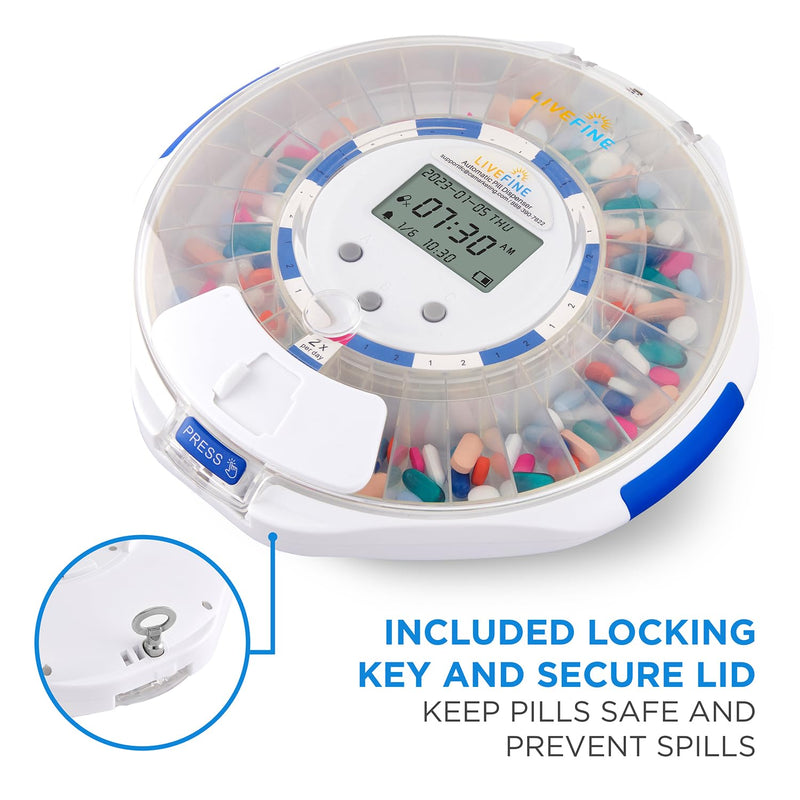LiveFine Automatic Pill Dispenser with 28-Day Electronic Medication Organizer, 6 Dosage Rings, LCD Display with Sound & Light Alerts, Key & Magnifying Glass for Prescriptions, Vitamins & Supplements Clear Lid
