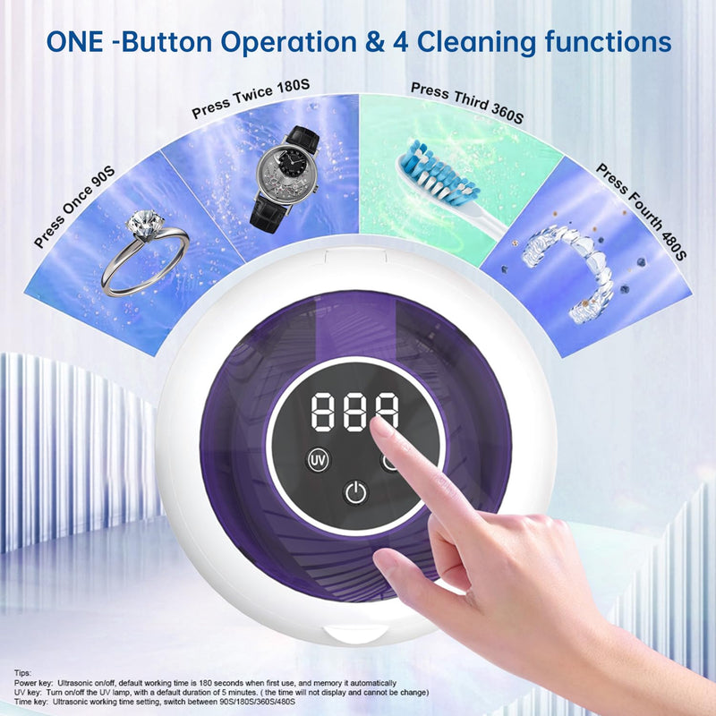 [Australia] - Wireless Ultrasonic Cleaner,Westdeer 45kHz,UV Cleaning,for Dentures,Watch Bands,Toothbrush Heads,Pacifiers,Jewelry Rings,4 Modes,210ml Capacity,Travel (white) White 