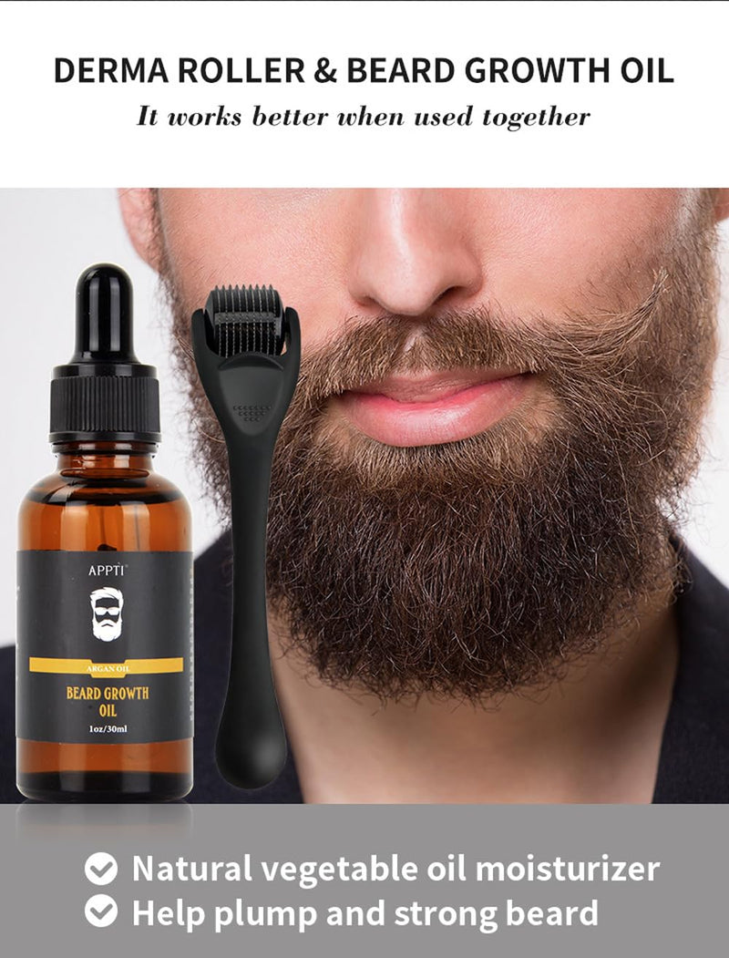 [Australia] - Beard Growth Kit-Beard Kit for Men/Beard Growth Oil, 0.5mm Beard Roller Stimulate Beard and Hair Growth, Beard Kit for Spot/Patchy Beard,Birthday &Valentines Gifts for Men Boyfriend Husband 