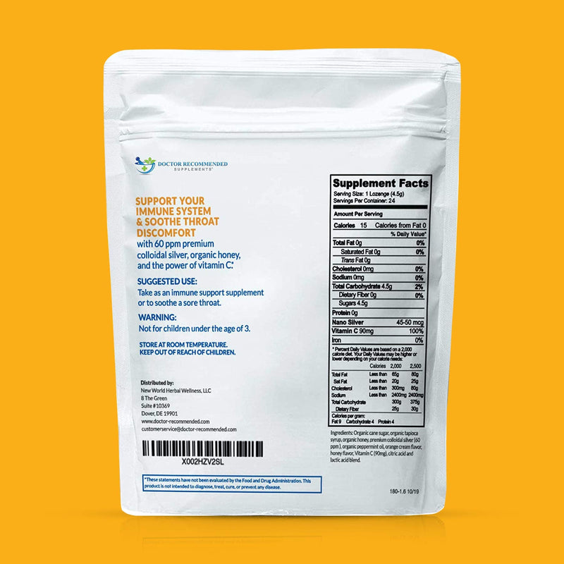 [Australia] - Silver Lozenges with Vitamin C - Premium Nano Silver 60 PPM Colloidal Silver, Organic Honey and Vitamin C Mineral Supplement Drops to Support Immune System, Soothe Cough & Throat - 24 Orange Lozenges 24 Count (Pack of 1) 
