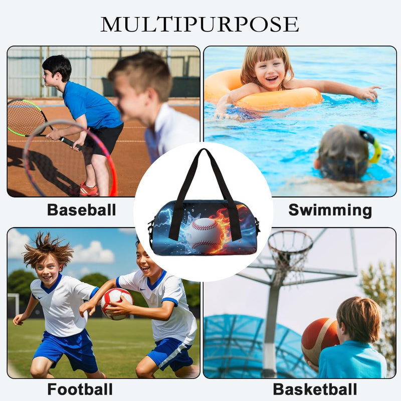 Abstract Fire Water Baseball Kids Duffle Bag for Boys, Small Lightweight Sports Gym Bag, Travel Overnight Weekender Tote, Carry On Duffel for School Sports Camping Sleepovers Abstract Fire Water Baseball