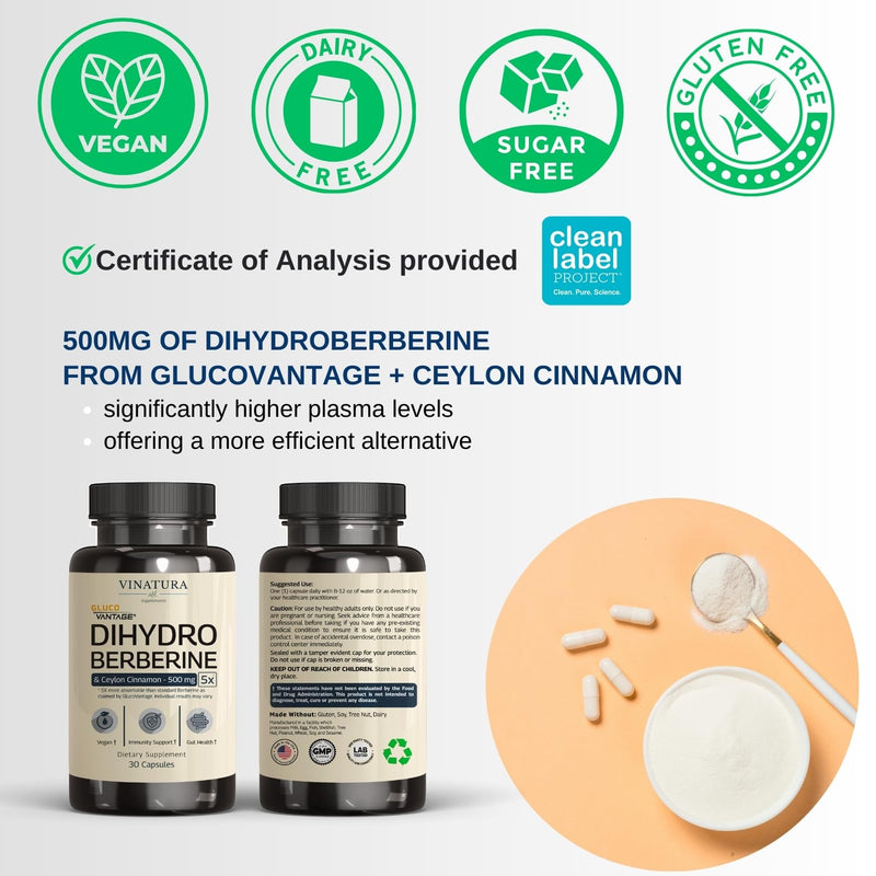 [Australia] - Dihydroberberine Supplement with Ceylon Cinnamon, 500mg - (Patented GlucoVantage Super Berberine), Maybe Berberine 5X More absorbable - 30 Capsules 