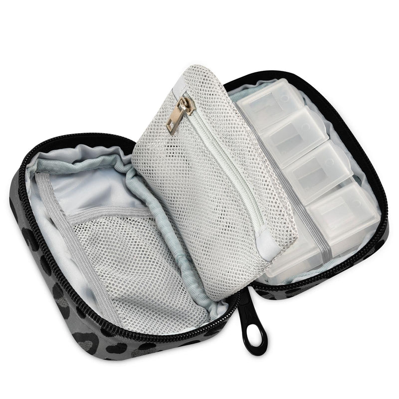 Leopard Black Pill Box 7 Day Travel Pill Cases Bag,Weekly Portable Pill Organizer Bag with Zipper for Vitamin Supplement Fish Oil