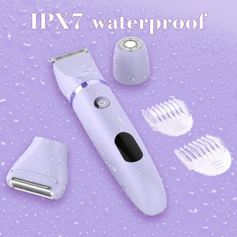 [Australia] - 3-in-1 Electric Razor IPX7 Waterproof Bikini Trimmer Wet & Dry Use Painless Personal Trimmer Groomer for Ladies Face Body Legs Bikini Public Hairs Electric Lady Shaver with Replaceable Heads Purple 