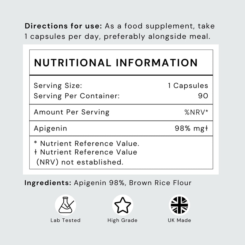 Apigenin 50mg Supplement - Optimal Dosage for Sleep & Relaxation, High Purity, UK Made, Lab Tested, Non-GMO, Natural Apigenin Supplement, 98%+ Purity- (90 Caps/90 Day Supply)