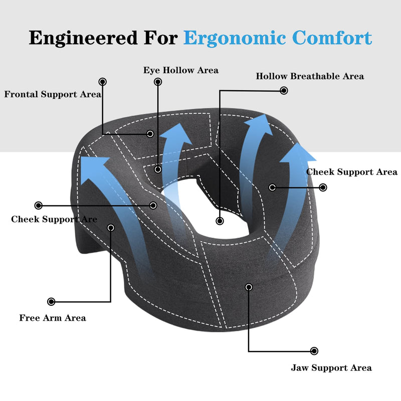 [Australia] - Ergonomic Face Down Pillow – Memory Foam Face Pillow with Detachable Cover, Massage Headrest for Bed, Stomach Sleeping, Post-Eye Surgery Recovery, Includes 10pcs Disposable Covers (Black) Black 