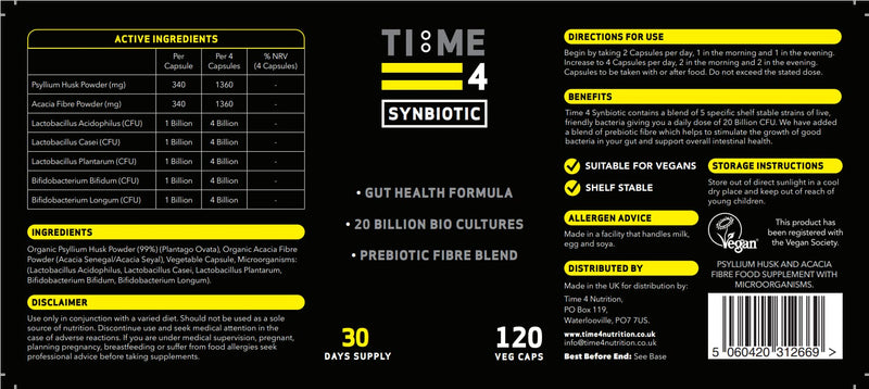 Time 4 Synbiotic – Advanced Vegan Friendly Prebiotics & Probiotic Supplement, Prebiotic Fibre Blend, Friendly Bacteria, 20 Billion CFU, Lactobacillus, Gut Health Supplements 120 Capsules 30 Day Supply