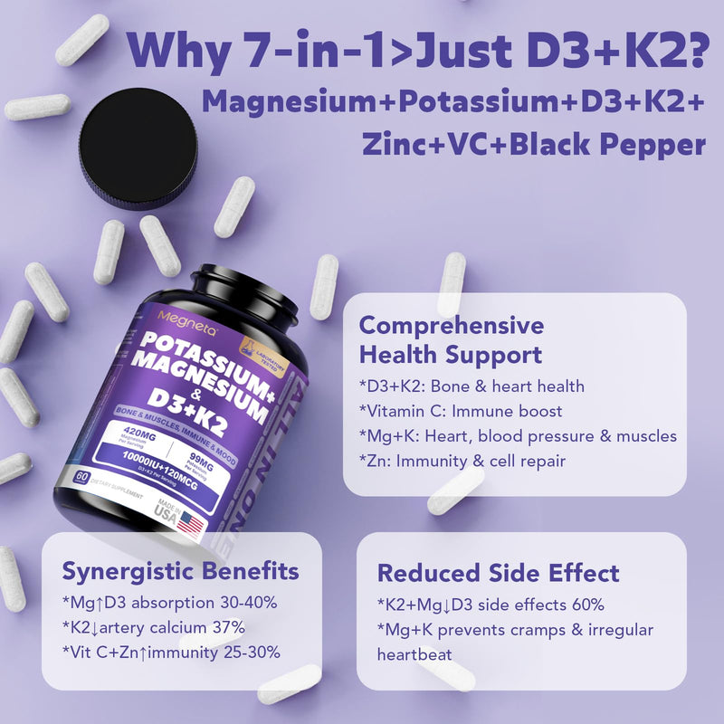 [Australia] - Magnesium Potassium Vitamin D3 K2 10000IU Supplement - Supports Bone, Heart, Immune Health, Mood Balance & Energy for Women & Men - Enhanced Absorption, Non-GMO - 60 Capsules Capsule 