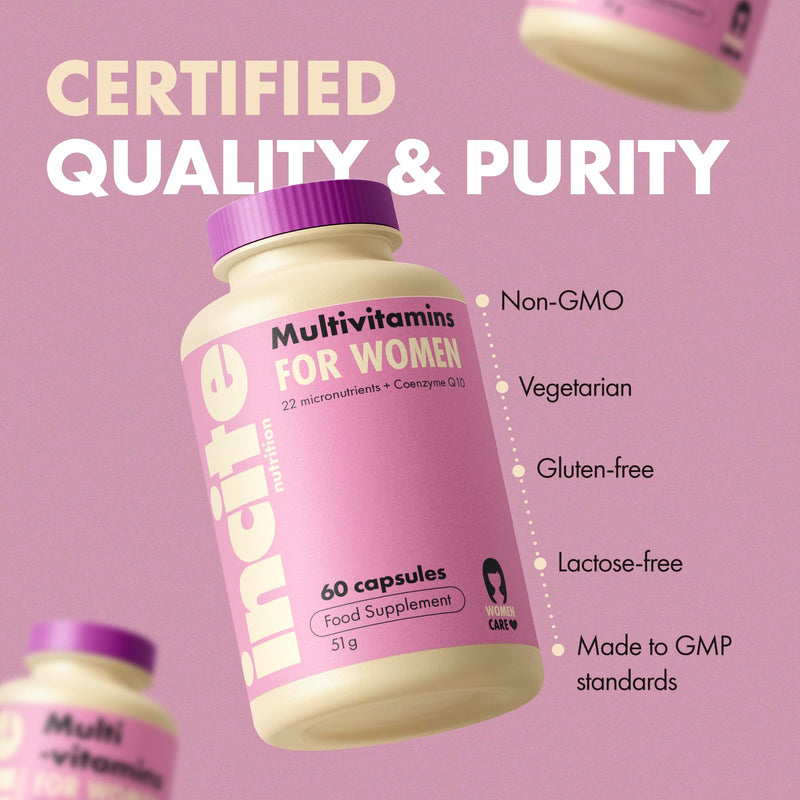 Incite Nutrition Women’s Multivitamins. 60 Capsules. Daily Formula with 22 Essential Vitamins & Minerals + CoenzymeQ10. Immune Support, Energy, Bone Health, Hormone Harmony. Suitable for Vegetarians 60 count (Pack of 1)