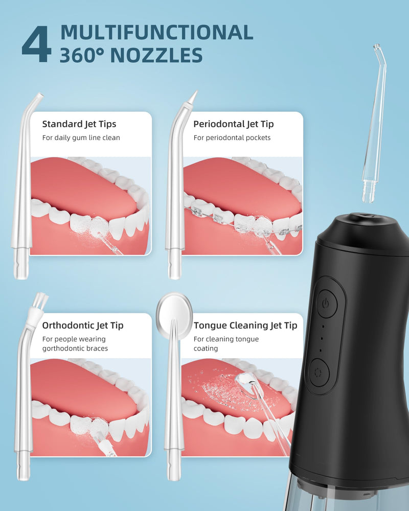 [Australia] - Water Flosser, Water Dental Flosser Pick for Teeth, 300ML IPX7 Waterproof Oral Irrigator, 3 Modes 4 Replaceable Jet Tips, Professional Flossing Cleaning Picks for Home Travel Gums, Braces Care (Black) Black 