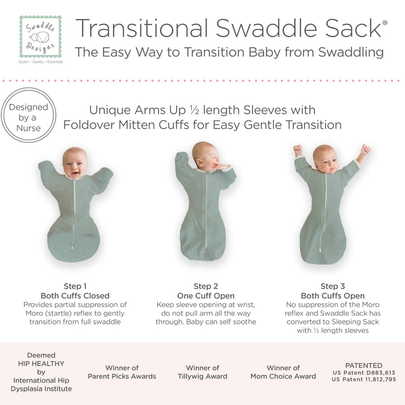 SwaddleDesigns Transitional Swaddle Sack with Arms Up Half-Length Sleeves and Mitten Cuffs, Medium, 3-6 months, 14-21 lb, Heathered Jadeite (Arms Up Swaddle, Transition Swaddle Sleep Sack) Medium (14-21 Pound)