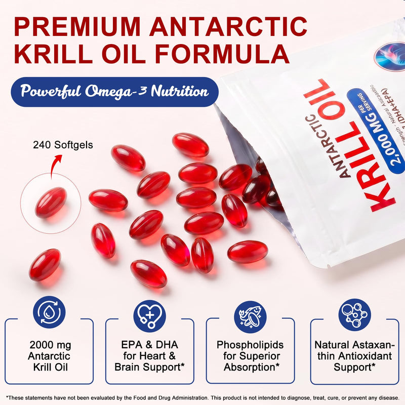Antarctic Krill Oil Supplement with Omega-3 EPA & DHA and Natural Astaxanthin, Supports Heart & Joint Health, Non-GMO, 240 Softgels