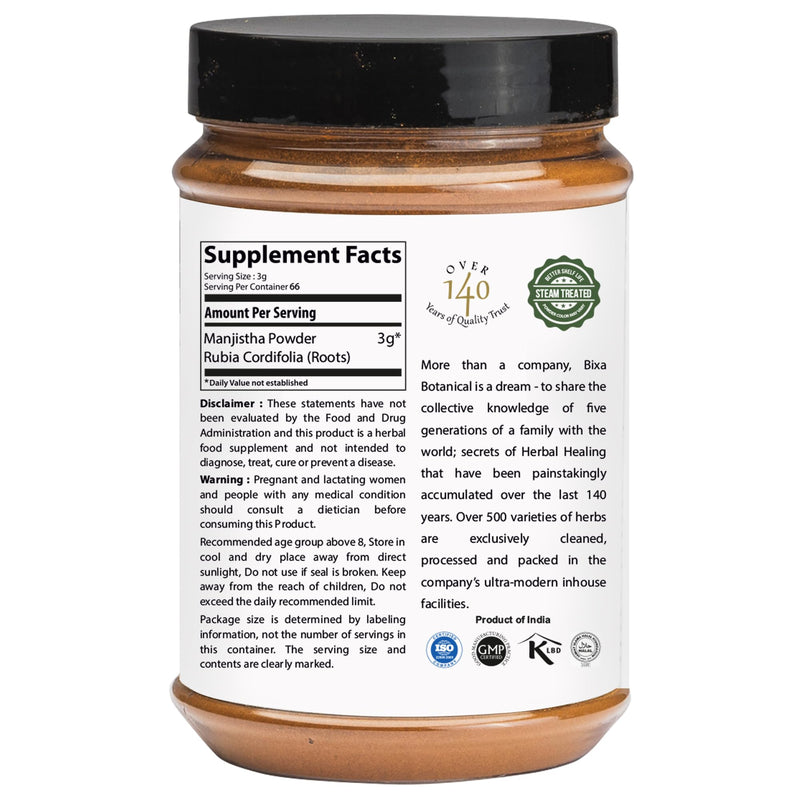 [Australia] - bixa BOTANICAL Manjistha Powder | Rubia cordifolia | 200 Grams / 7 OZ | Herbal Supplement for Skin & Face Pack | Gluten Free, Non-GMO, Steam Treated, Vegan, 100% Pure. 7 Ounce (Pack of 1) 