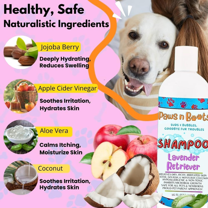 Pet Shampoo Lavender, 100% Organic, All-Natural & Non-Toxic to Pets. Fast Relief for Dry, Itchy, Irritated Skin, Hypoallergenic, Tearless & Cruelty Free, Odor Controlling Made in USA 16oz Paws n Suds - PawsPlanet Australia
