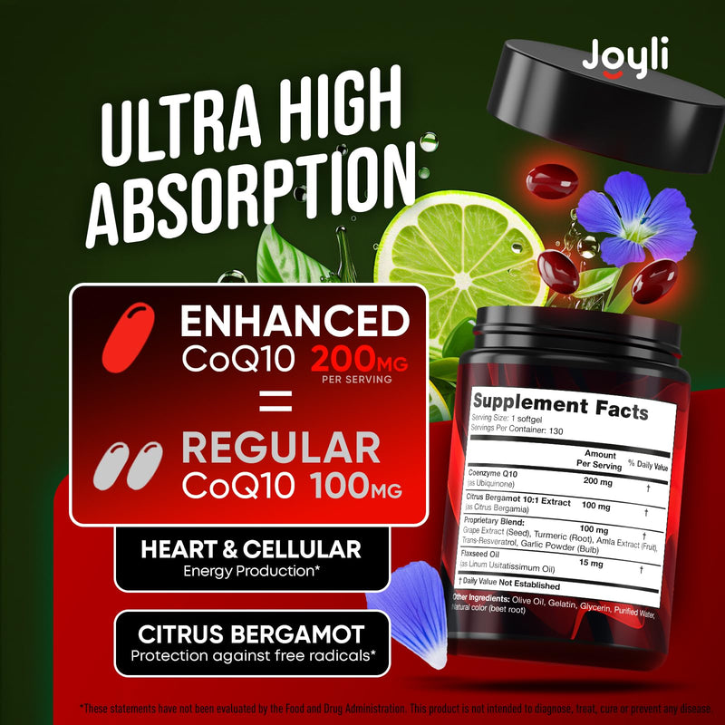 [Australia] - High Absorption CoQ10 200MG - Co Q10, 200mg Softgels for Heart Health & Energy Production - Enhanced Co Q 10 Supplement with Antioxidants and Flaxseed Oil - CoQ10 200 mg Per Serving 