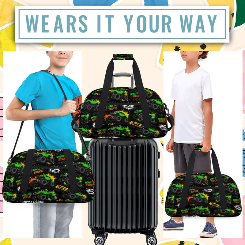 Gym Travel Duffle Bag for Boys - Green Monster Car Trucks Kids Overnighter Weekend Bag with Front Zipper Pocket for School Practice, Teens Carry-On Size Sleepover Bags Green Monster Trucks
