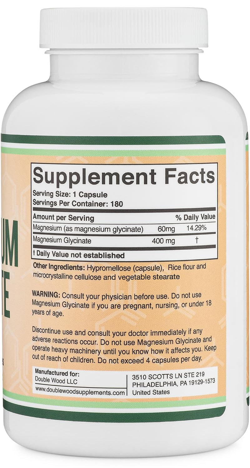 [Australia] - Magnesium Glycinate 400mg, 180 Capsules (Vegan Safe, Third Party Tested, Gluten Free, Non-GMO) High Absorption Magnesium by Double Wood Supplements 