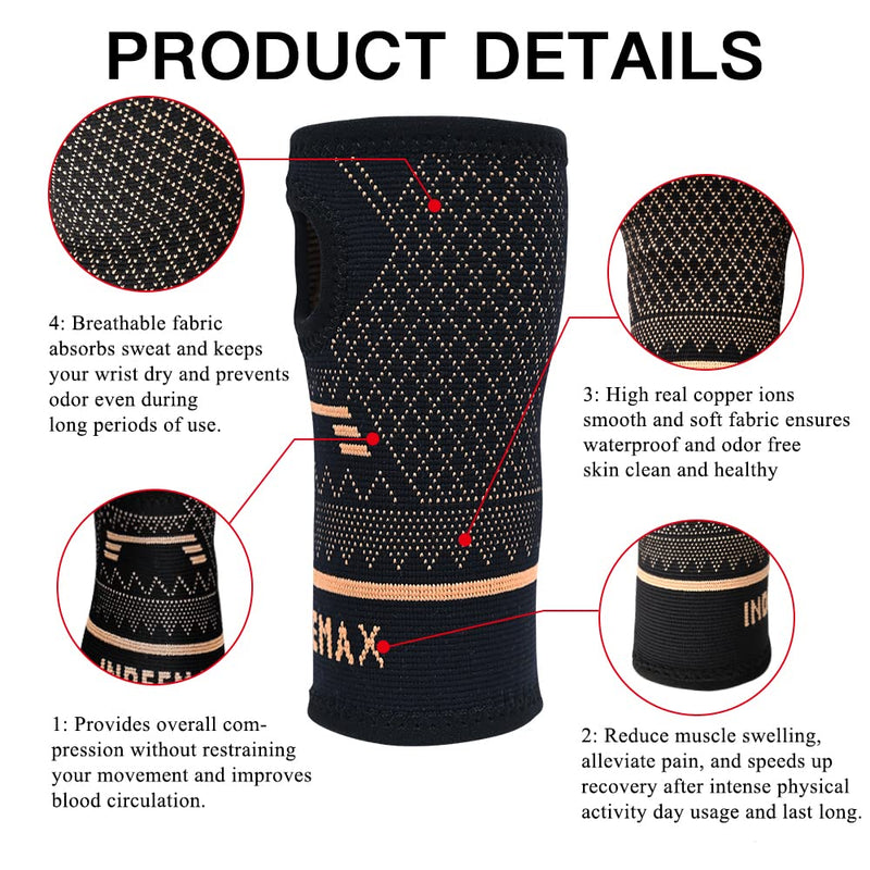 [Australia] - INDEEMAX Copper Wrist Compression Sleeve 1 Pair, Comfortable Hand Brace Support for Arthritis, Tendonitis, Sprains, Workout, Carpal Tunnel - Left & Right - Women and Men M Black 