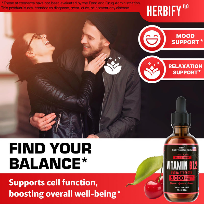 HERBIFY Vitamin B12 Methylated Multivitamin Energy Supplements for Women & Men - Liquid B12 Vitamins 5000 Mcg Methylcobalamin - Energy Support and Immune Health Liquid Vitamin - 30 Days Supply - 2 Oz