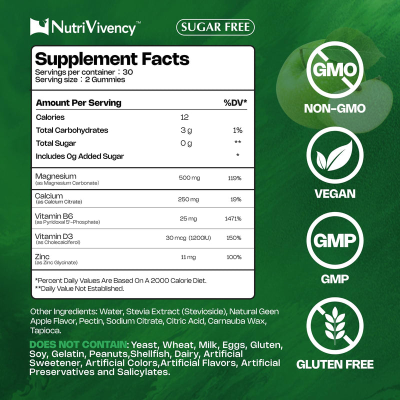Magnesium Carbonate Gummies 500mg, Bone & Nerve, 30 Servings | With Calcium, Vit B6, D3, Zinc for Bone Health, Muscle Support. Sugar Free, Green Apple Flavor. Vegan, Non-GMO, Gluten-Free