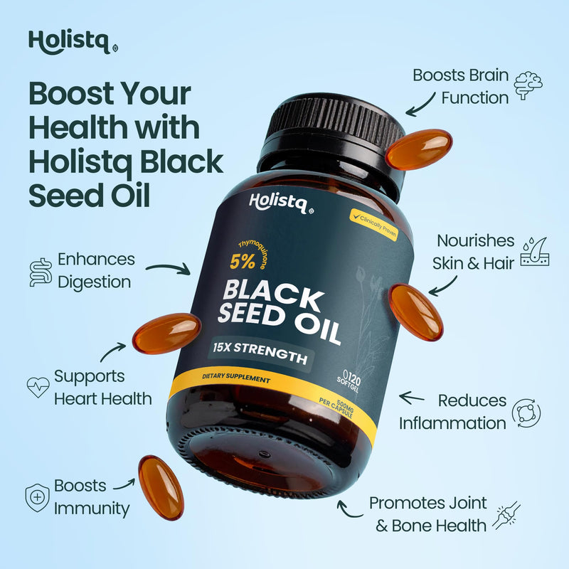 [Australia] - Holistiq Black Seed Oil Organic Cold Pressed Capsules | 5% Thymoquinone | Non-GMO & Vegan | Nigella Sativa Black Cumin Seed Oil, Omega 3 6 9 Adult Immunity Support - 120 Softgels, 2 Months Supply 120 Count (Pack of 1) 