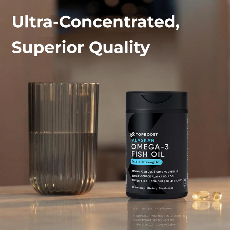 TopBoost Omega-3 Fish Oil 1250 - Triple Strength Fish Oil Supplement from Wild Alaska Pollock - Sustainable · Non-GMO · Soy Free - 90 Softgel Capsules