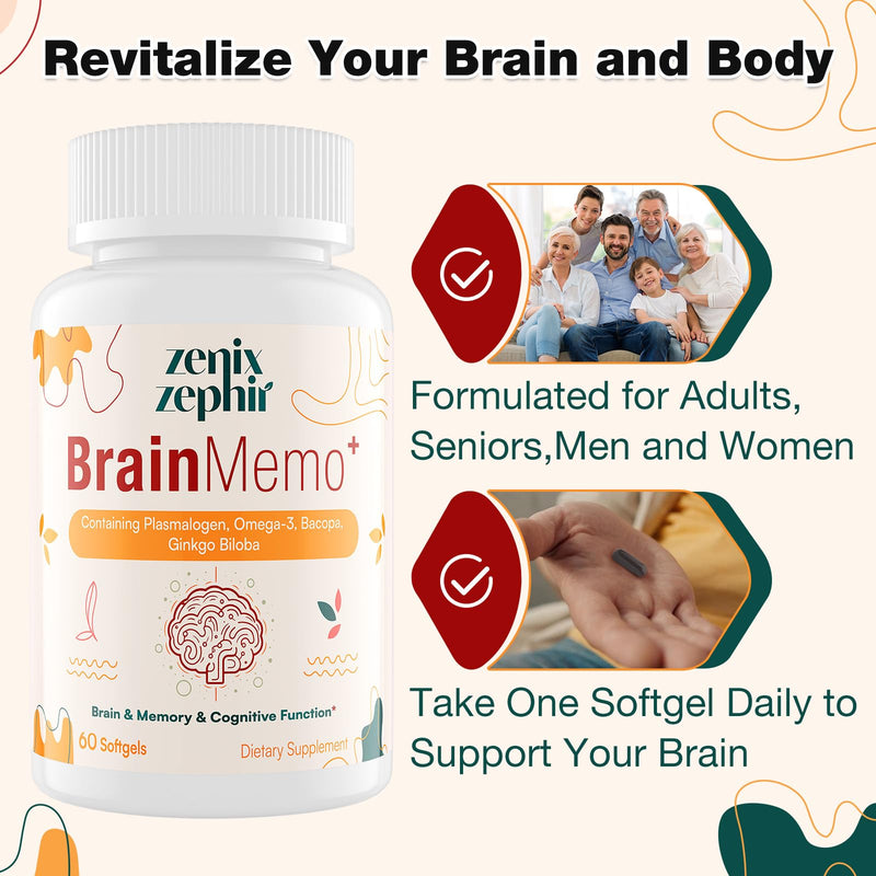 [Australia] - Memory Focus Supplement - Brain Support with Omega-3, Bacopa and Plasmalogens for Enhanced Cognitive Function - Concentration and Memory - Non-GMO, 60 Softgels 60 softgels(Pack of 1) 