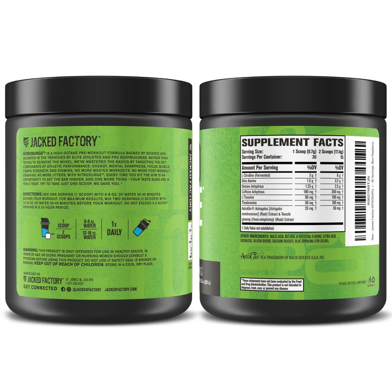 Nitrosurge Pre Workout Powder - 6g L-Citrulline, 3.2g Beta Alanine, 2.5g Betaine Anhydrous, 360mg Caffeine Anhydrous - 30 Servings, Blue Raspberry 261 Grams (Pack of 1)