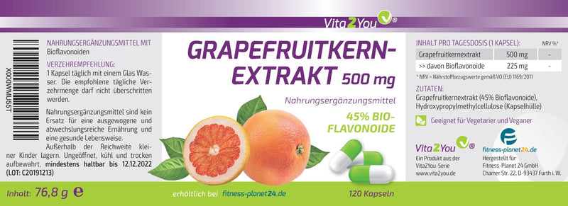 [Australia] - Vita2You grapefruit seed extract 500mg - 120 capsules - 45% organic flavonoids - equivalent to 225mg per capsule - high dosage - premium quality 