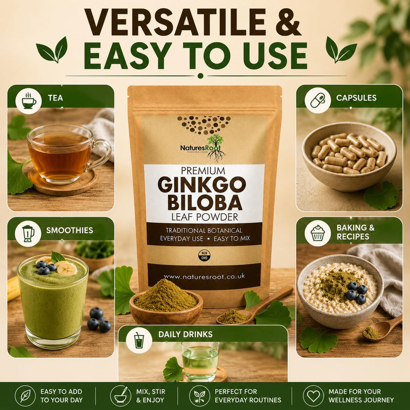Nature’s Root Organic Ginkgo Biloba Powder 250g – Premium Botanical Leaf Powder – Vegan Herbal Supplement – Fine Milled Powder for Smoothies, Tea & Daily Wellness Routine 250 g (Pack of 1)