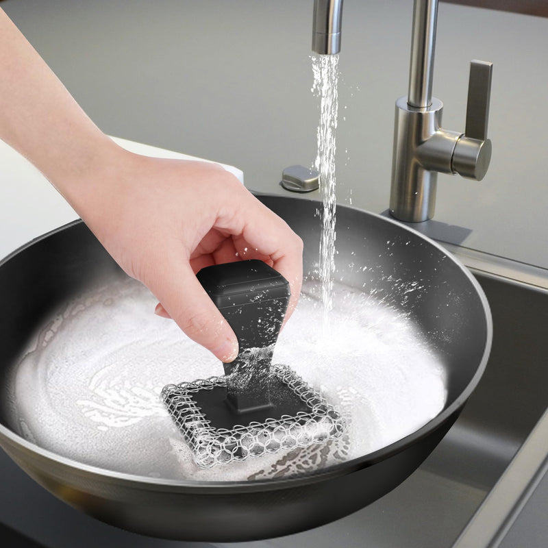 [Australia] - Cast Iron Scrubber & Cleaner Scraper Kit - Upgraded Handle 316L Stainless Steel Chainmail Scrubber for Cast Iron Pans, Dish Scrub Brush Scouring Pad for Cookware Corners Deep Cleaning - Black 